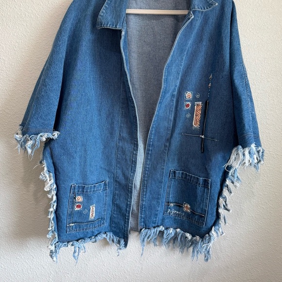 Phoenix Conexion Art To Wear Custom Signed Fringe Denim Poncho Boho Jacket - Picture 10 of 12